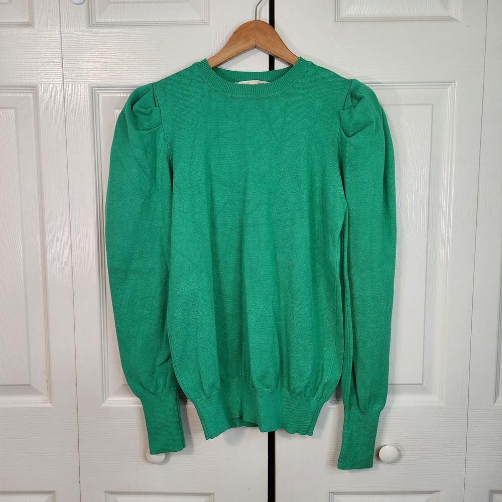 Vine & Love Green Puff Shoulder Long Sleeve Crew Neck Sweater Med Preppy Chic